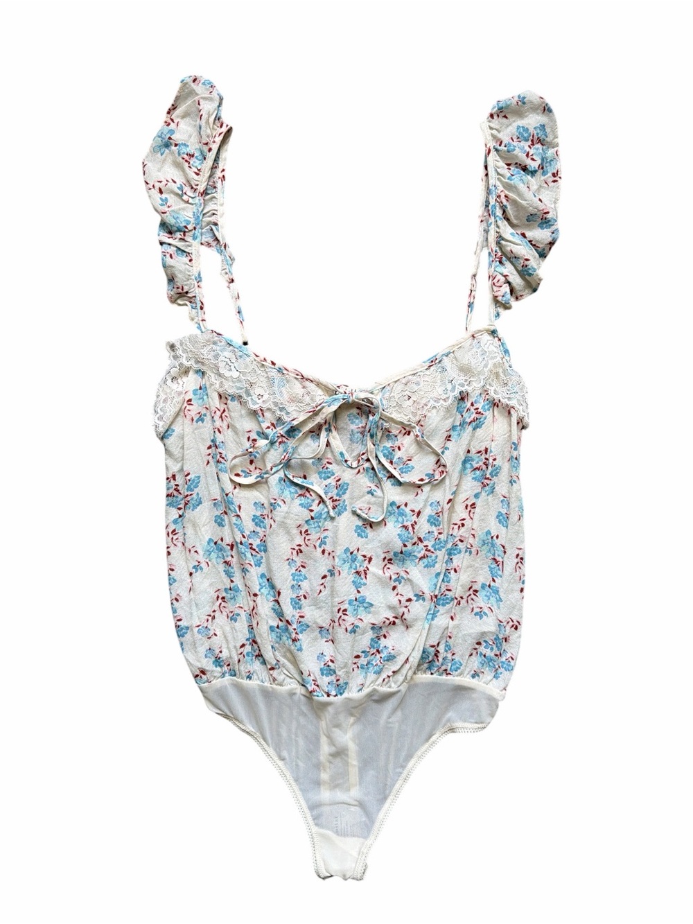 FREE PEOPLE Take It Away Bodysuit Ivory Blue Red Floral Size S NWOT - Picture 2 of 5